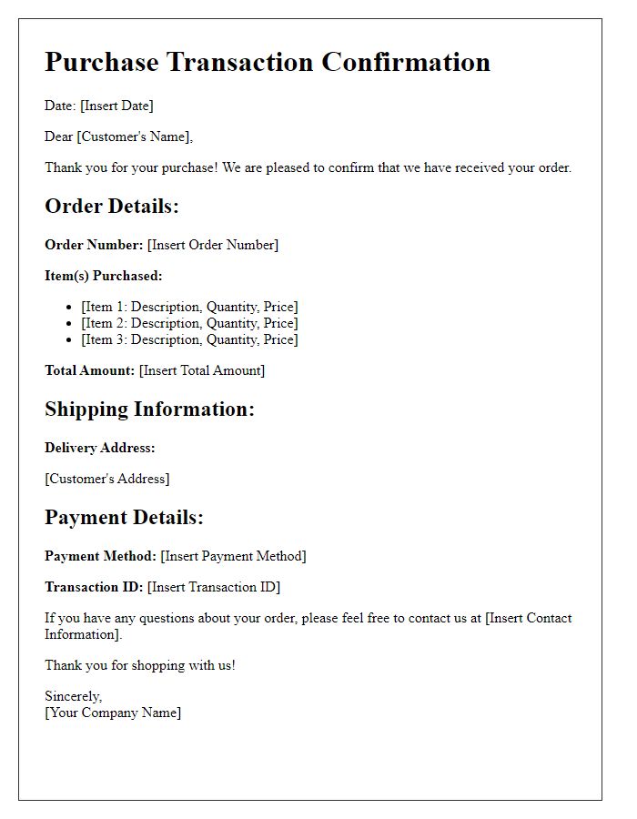 Letter template of Purchase Transaction Confirmation