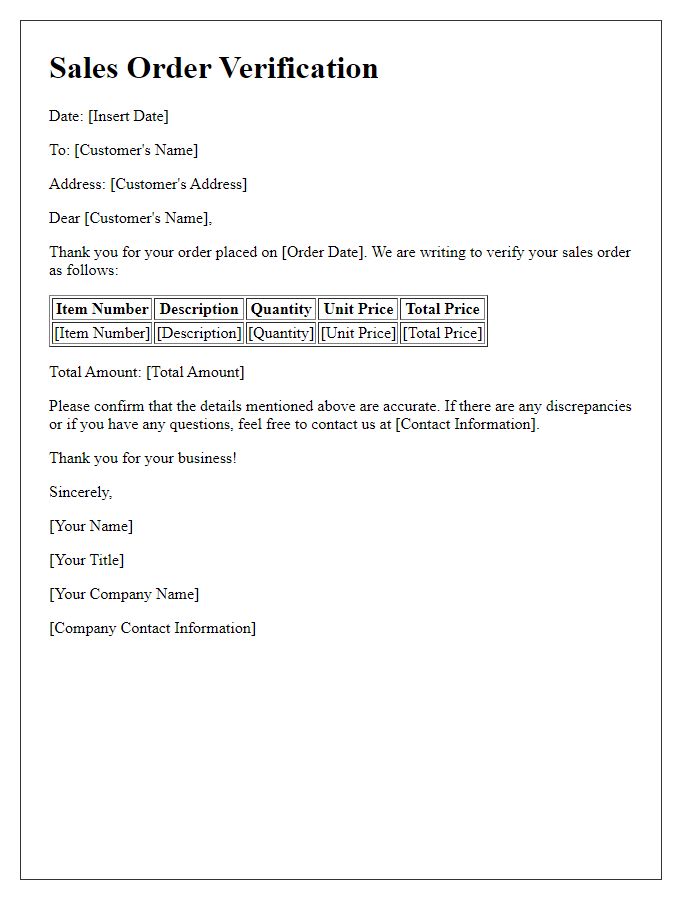 Letter template of Sales Order Verification