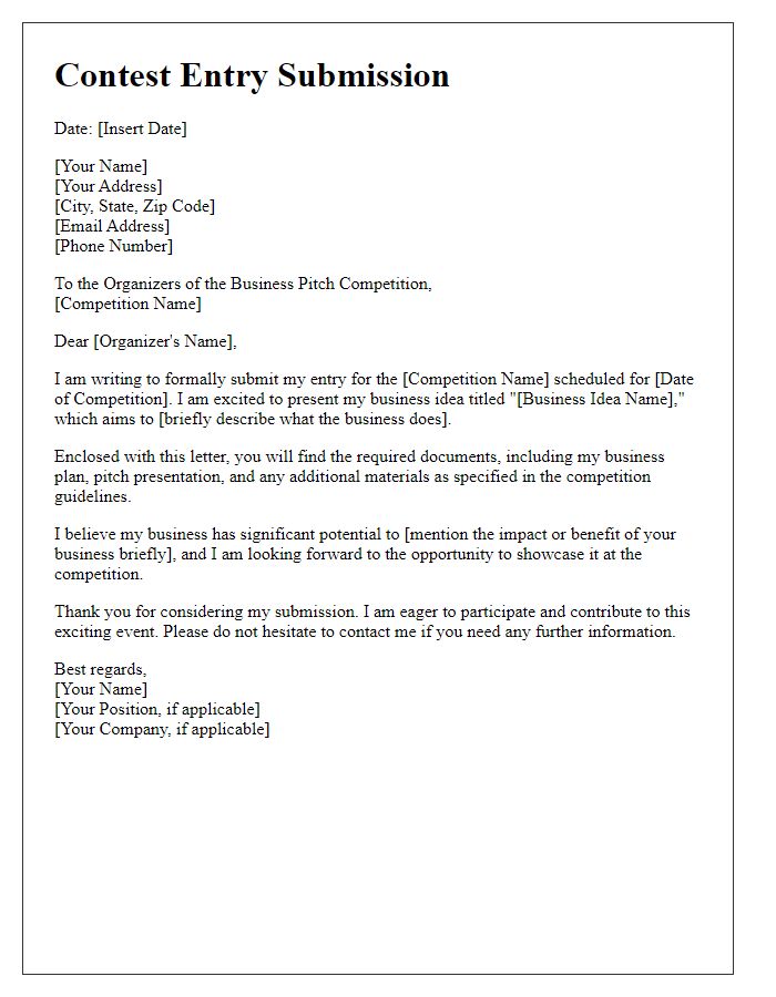 Letter template of contest entry submission for business pitch competition