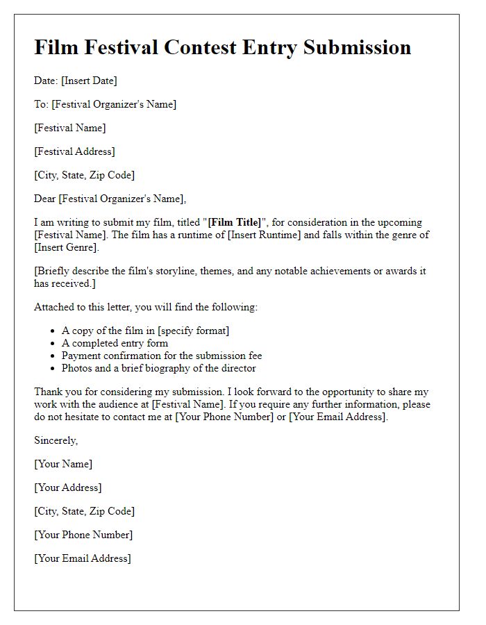 Letter template of contest entry submission for film festival