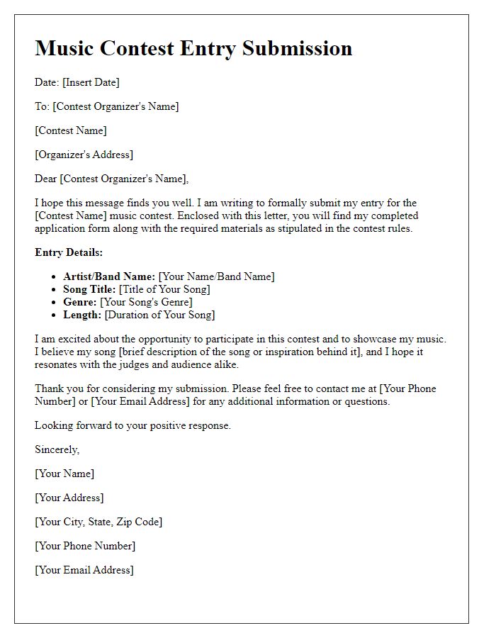 Letter template of contest entry submission for music contest