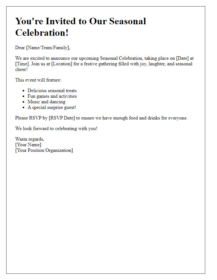 Letter template of seasonal celebration announcement