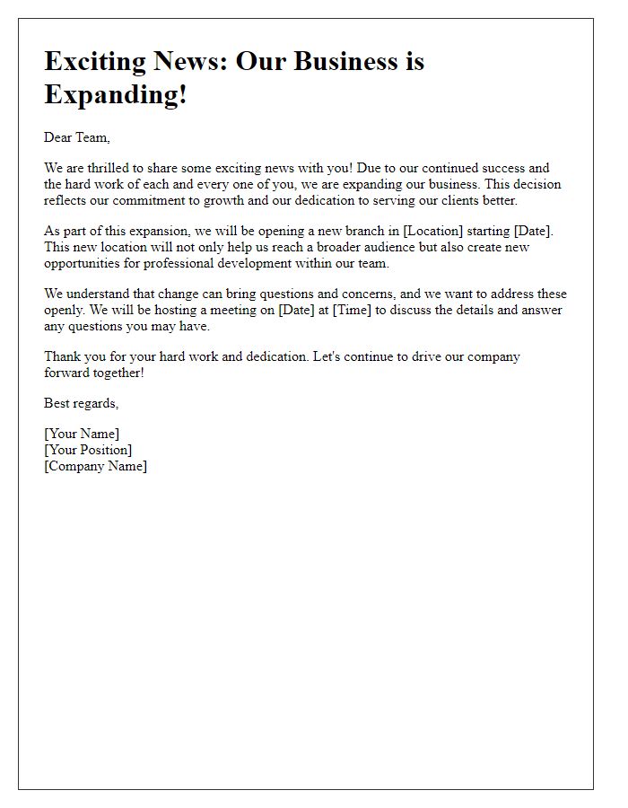 Letter template of business expansion news for employees