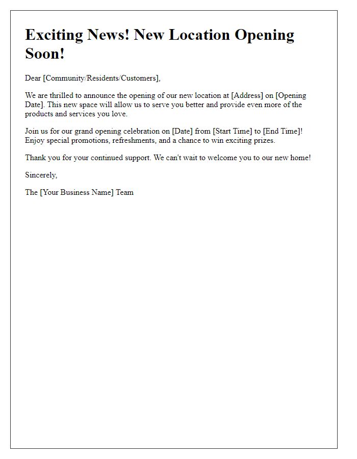 Letter template of new location opening announcement to community