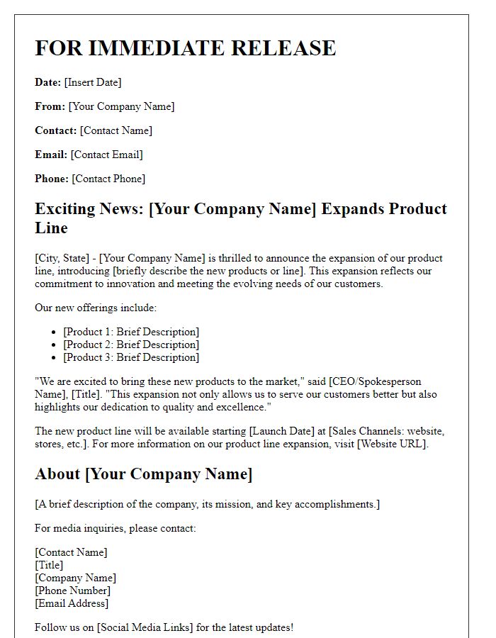 Letter template of product line expansion communication to media