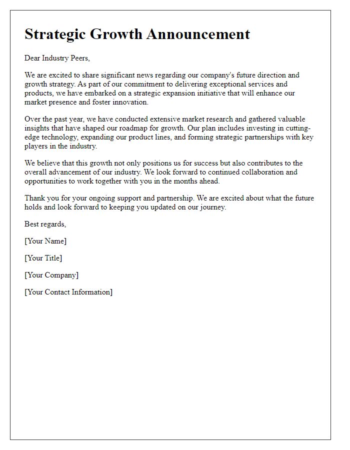 Letter template of strategic growth announcement to industry peers