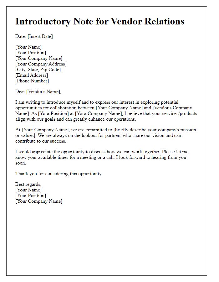 Letter template of Introductory Note for Vendor Relations