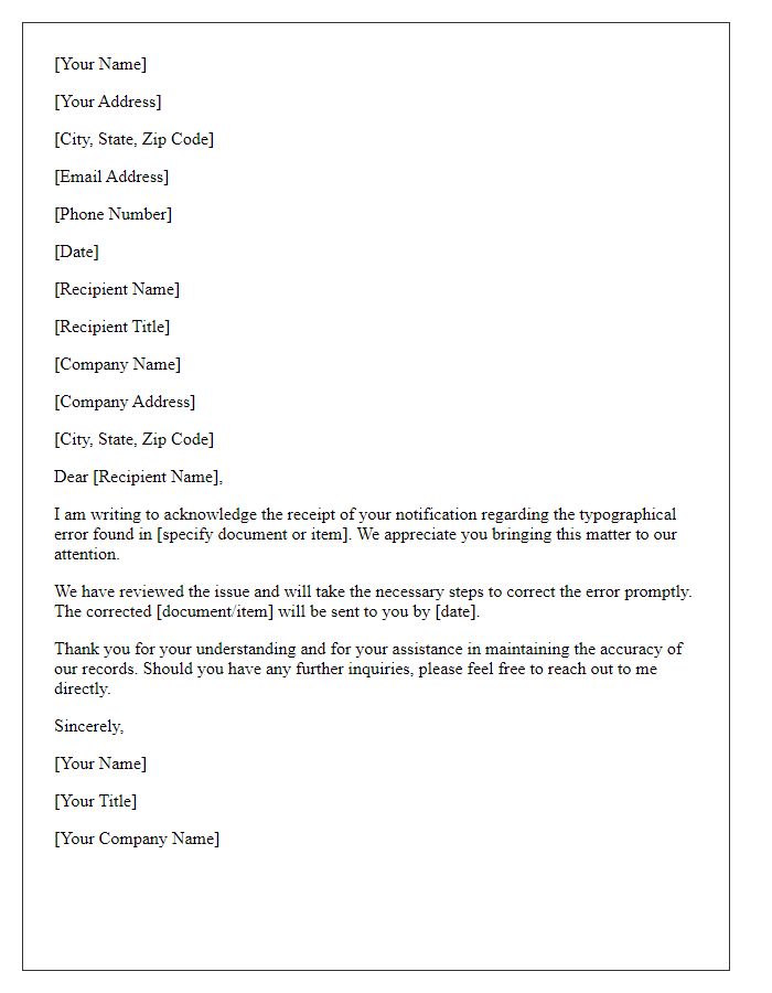 Letter template of acknowledgment for typographical error correction