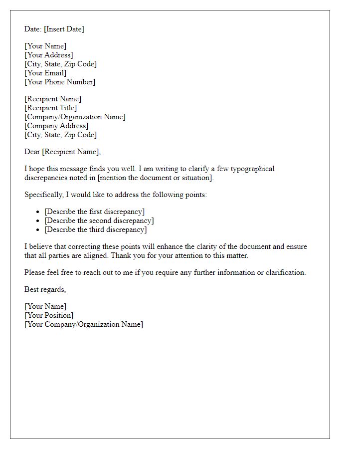 Letter template of clarification regarding typographical discrepancies