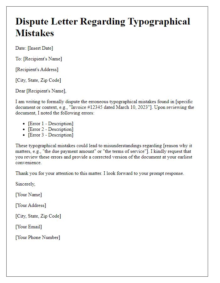 Letter template of dispute regarding typographical mistakes