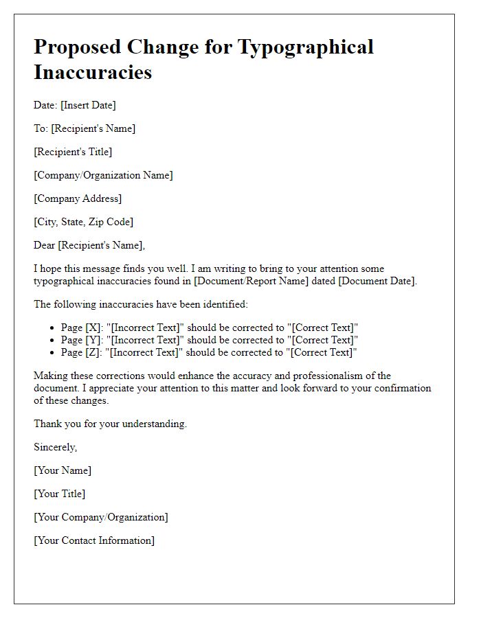 Letter template of proposed change for typographical inaccuracies