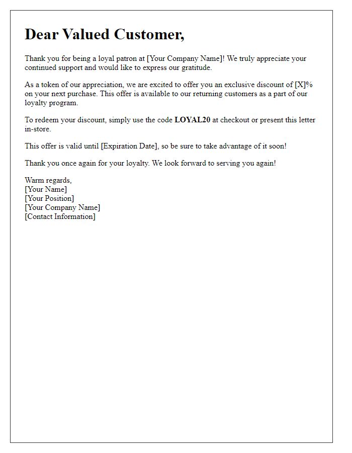 Letter template of loyalty program discount for returning customers