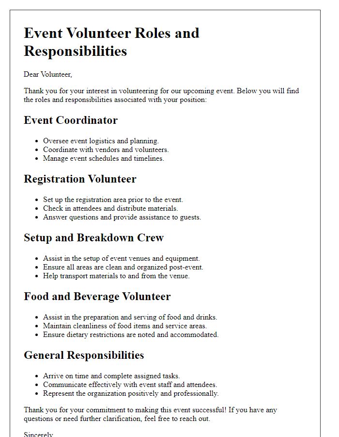 Letter template of roles and responsibilities for event volunteers