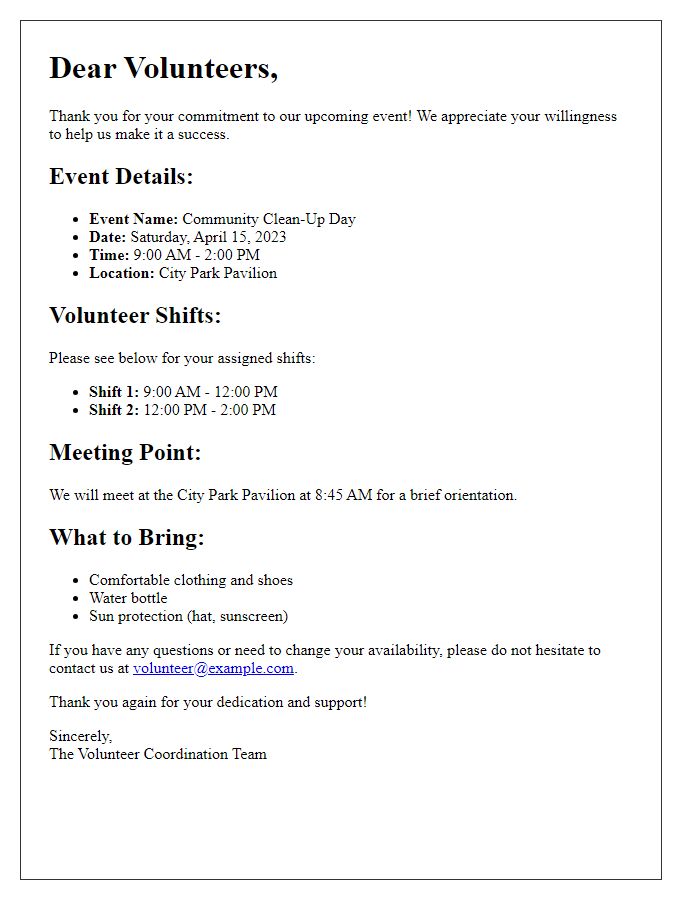 Letter template of scheduling information for event volunteers