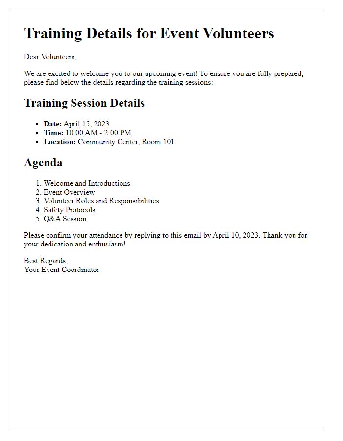 Letter template of training details for event volunteers