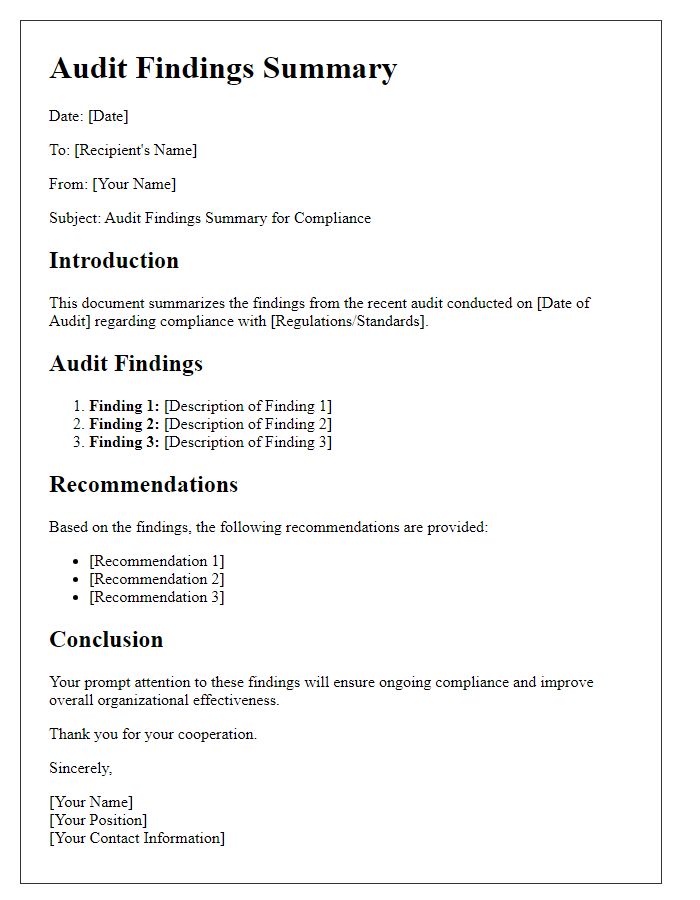 Letter template of Audit Findings Summary for Compliance