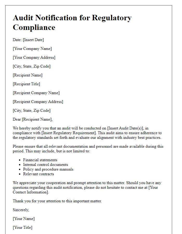 Letter template of Audit Notification for Regulatory Compliance