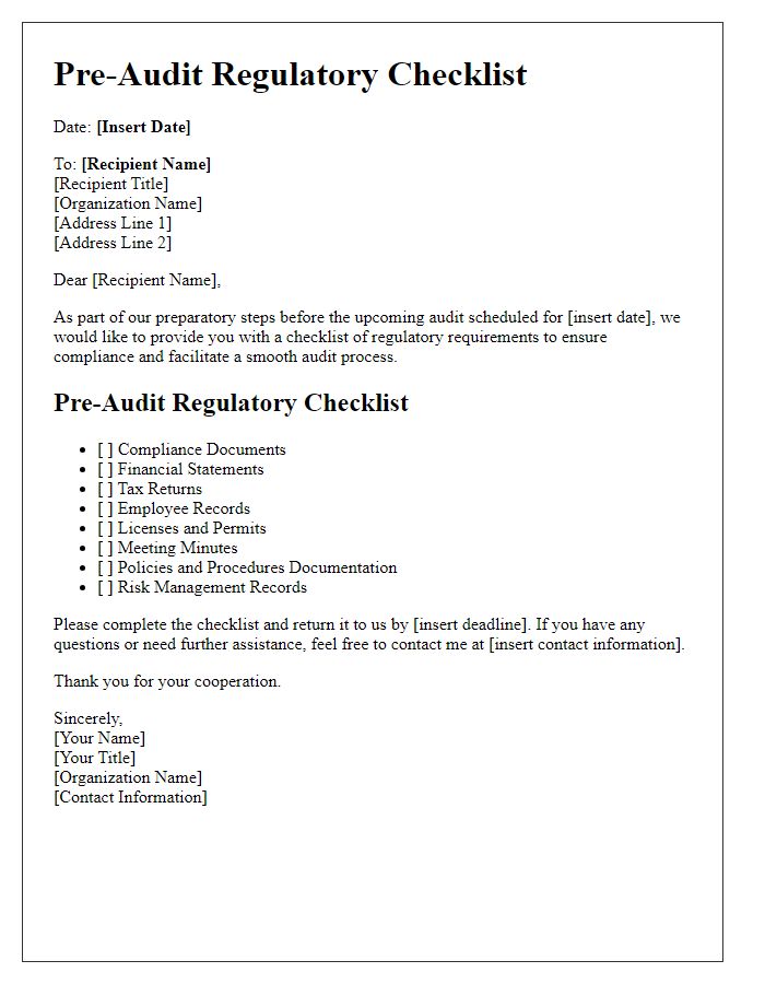 Letter template of Pre-Audit Regulatory Checklist