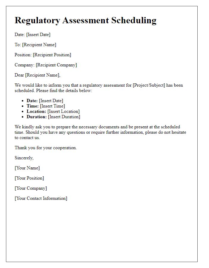 Letter template of Regulatory Assessment Scheduling