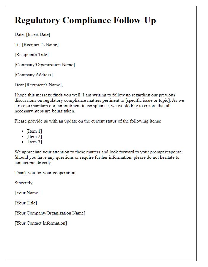 Letter template of Regulatory Compliance Follow-Up