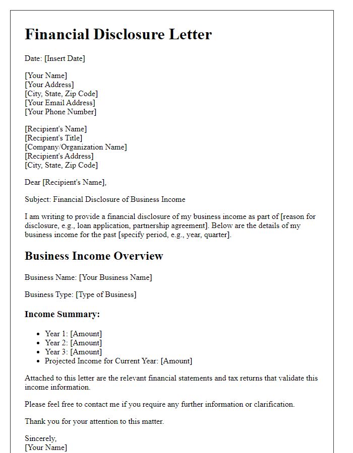 Letter template of financial disclosure for business income.