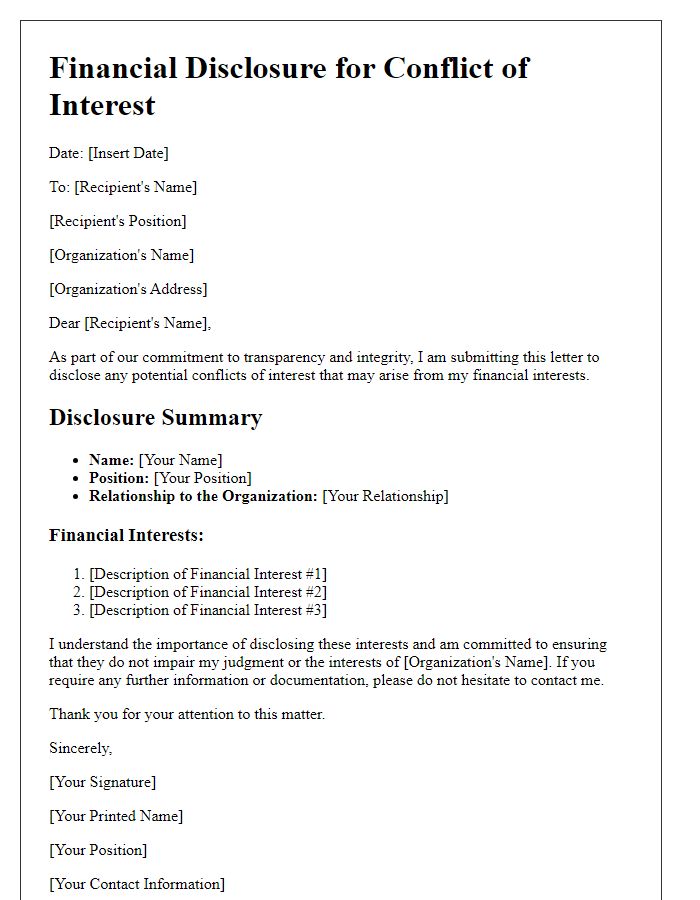 Letter template of financial disclosure for conflict of interest.