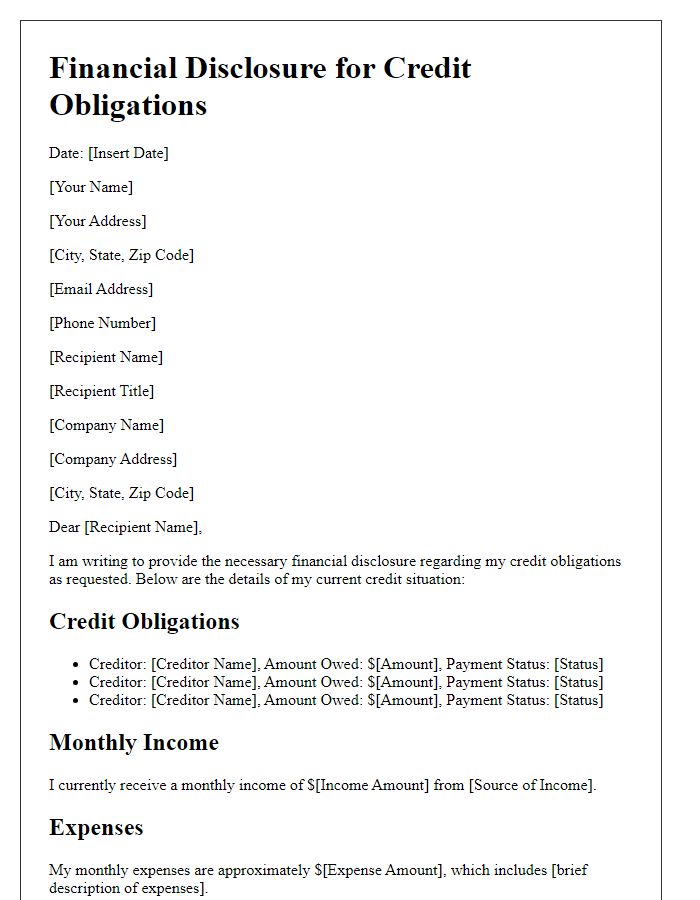 Letter template of financial disclosure for credit obligations.