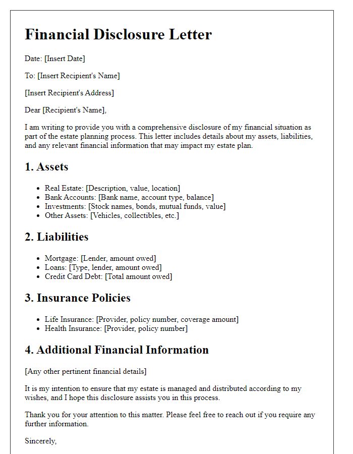 Letter template of financial disclosure for estate planning.