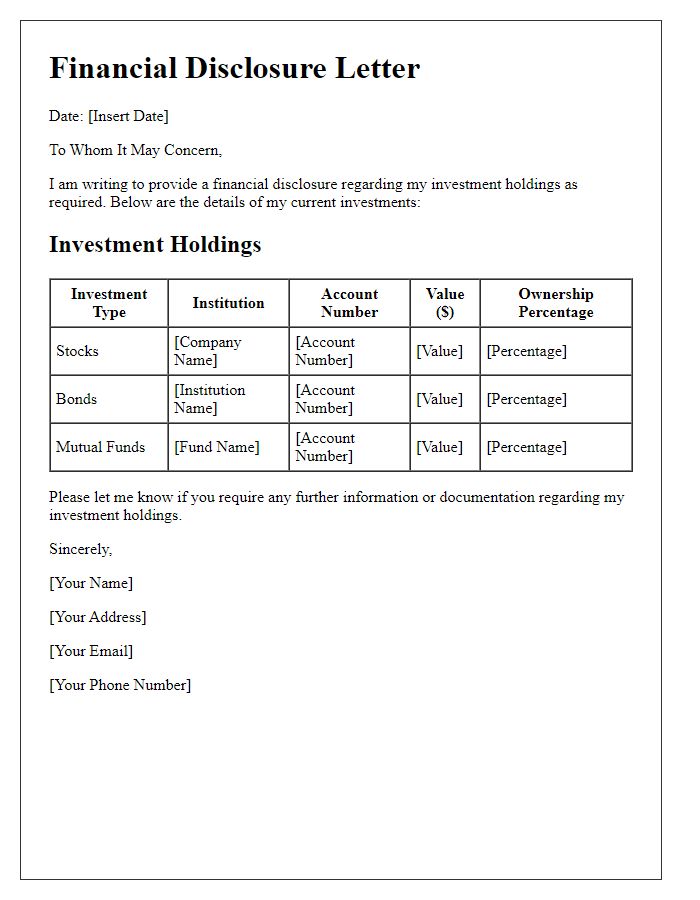 Letter template of financial disclosure for investment holdings.