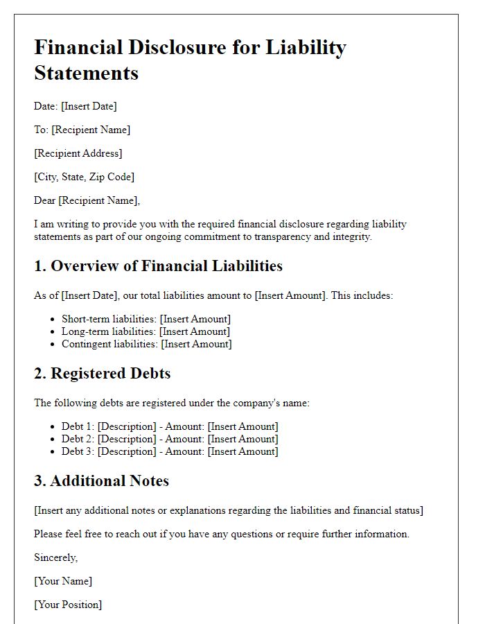 Letter template of financial disclosure for liability statements.