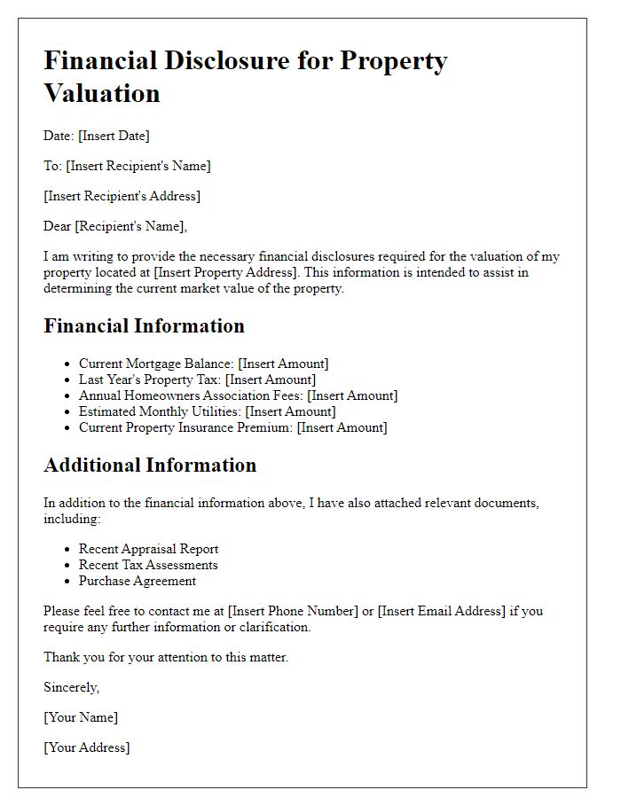 Letter template of financial disclosure for property valuation.