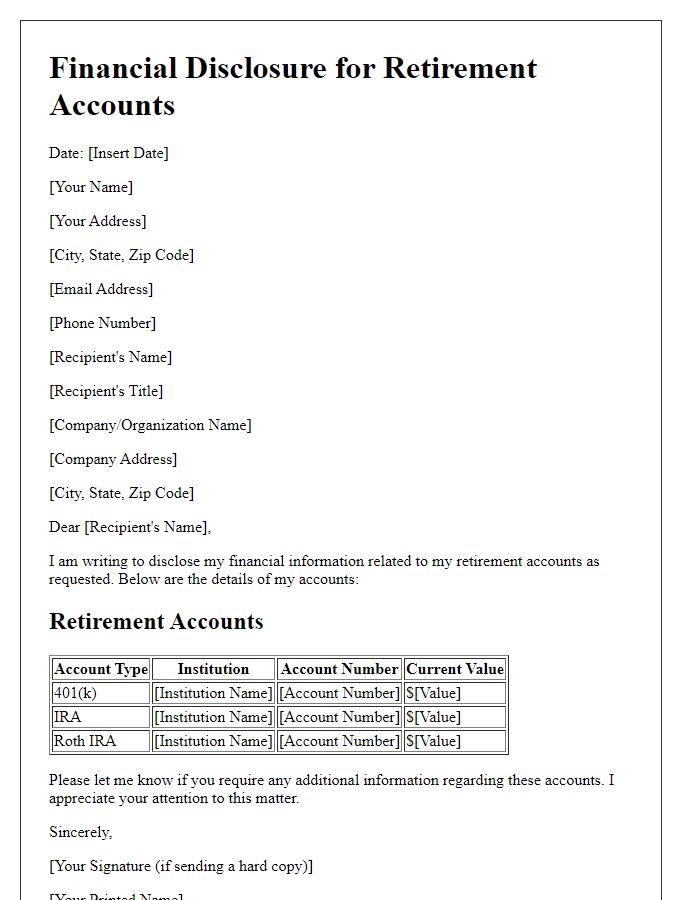 Letter template of financial disclosure for retirement accounts.