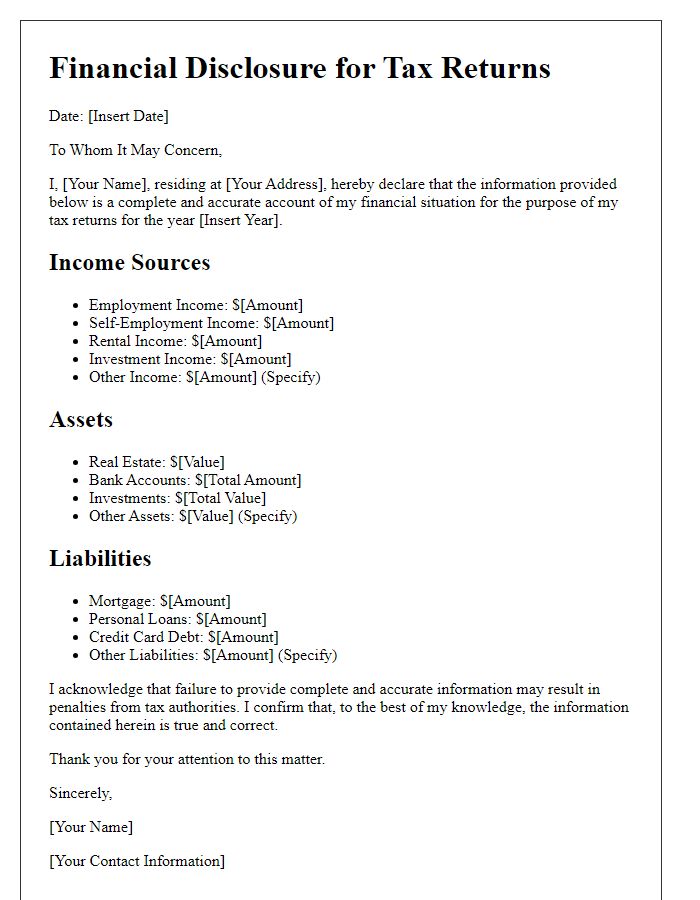 Letter template of financial disclosure for tax returns.