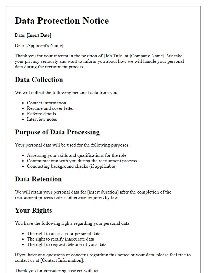 Letter template of data protection notice for job applicants