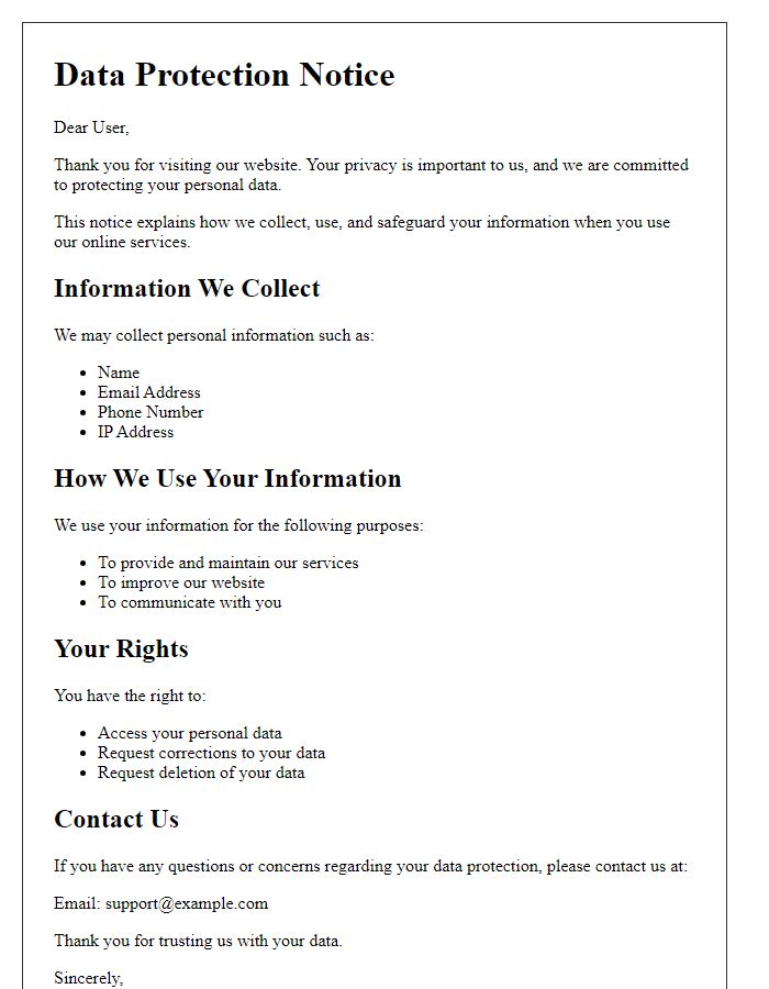 Letter template of data protection notice for online users