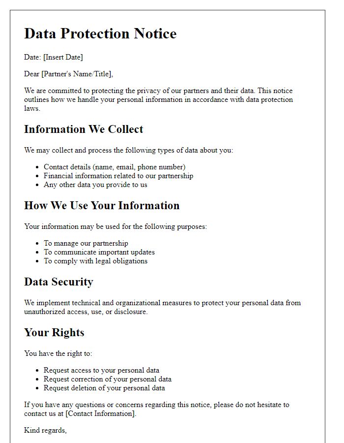 Letter template of data protection notice for partners