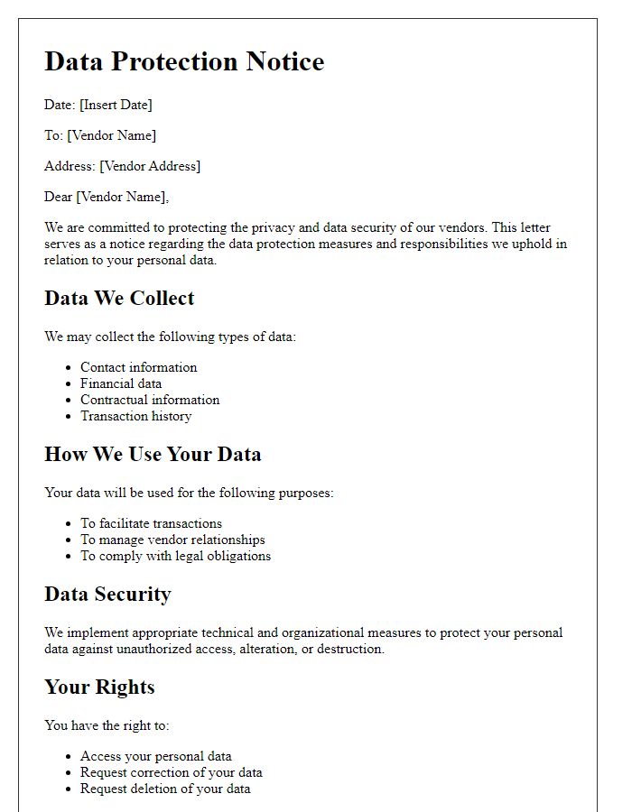 Letter template of data protection notice for vendors