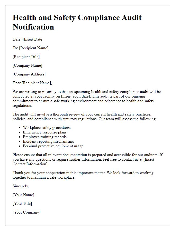 Letter template of health and safety compliance audit