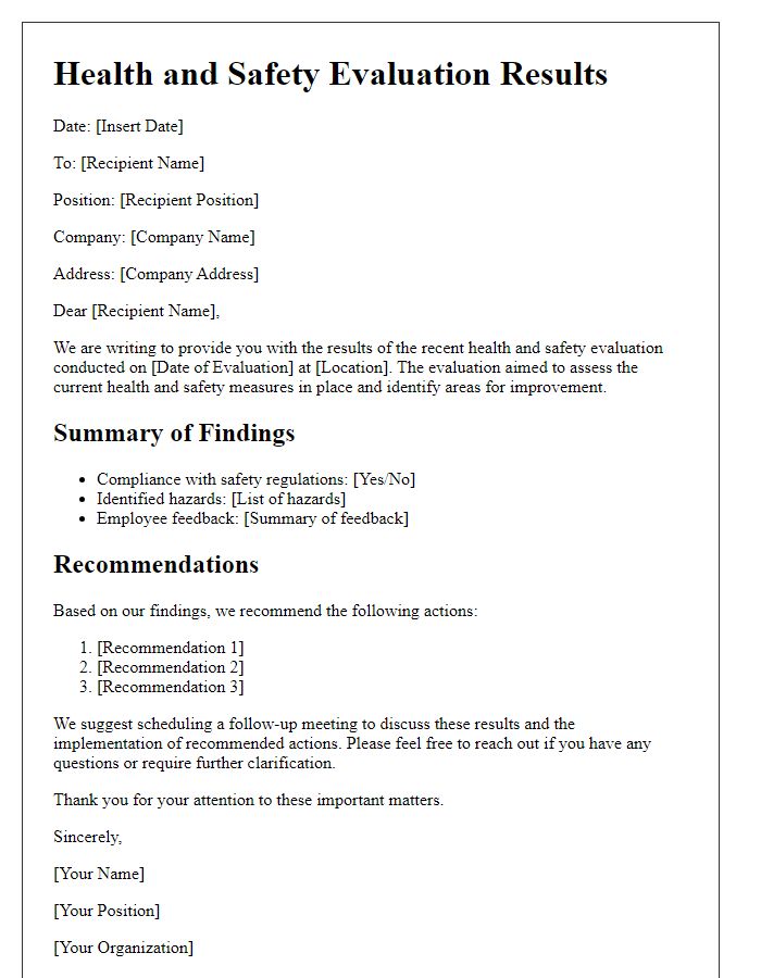 Letter template of health and safety evaluation results