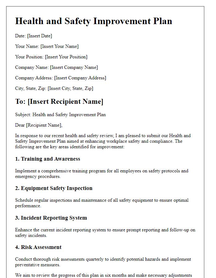 Letter template of health and safety improvement plan