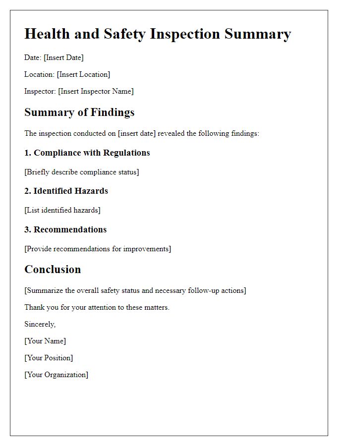 Letter template of health and safety inspection summary