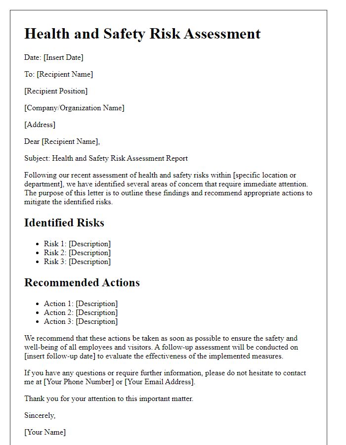 Letter template of health and safety risk assessment