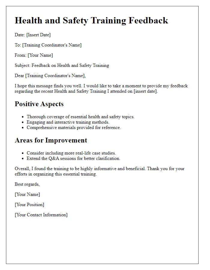 Letter template of health and safety training feedback