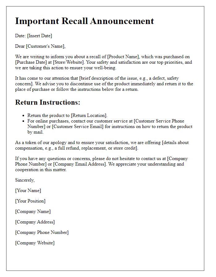 Letter template of consumer protection communication for recall announcements