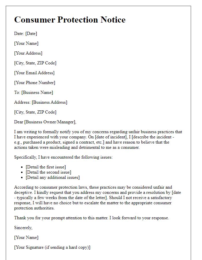 Letter template of consumer protection notice for unfair business practices