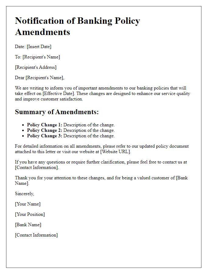 Letter template of banking policy amendments