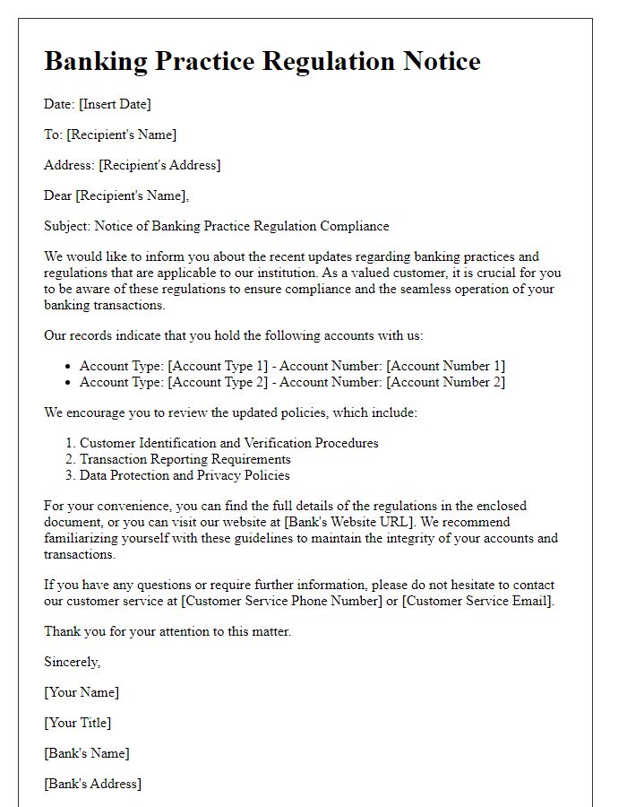 Letter template of banking practice regulation notice