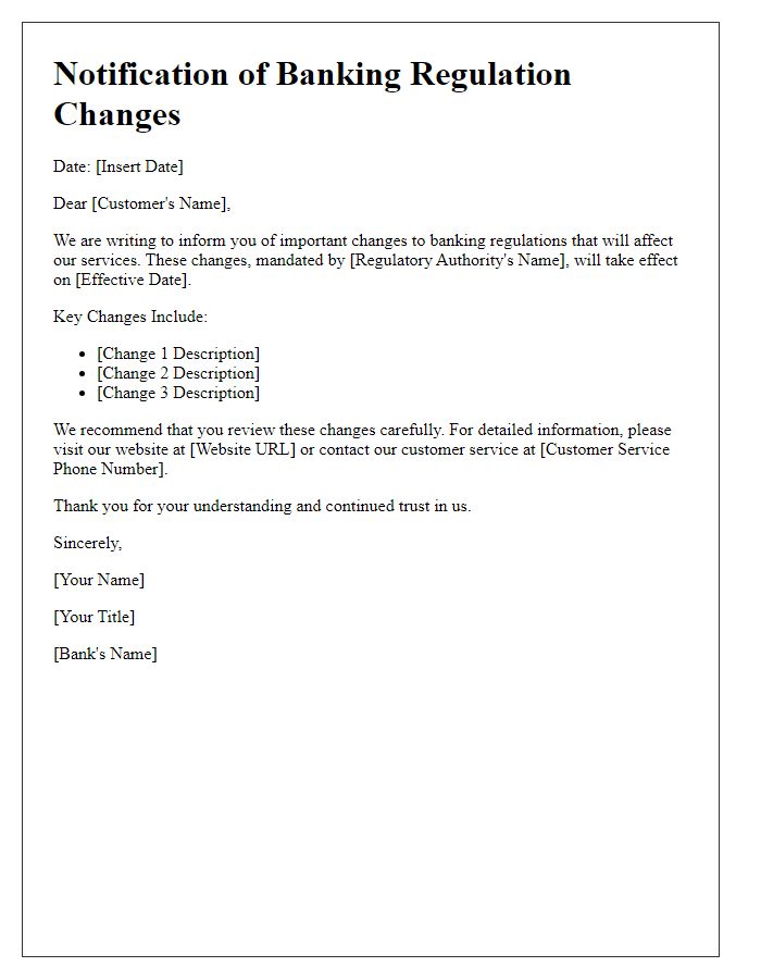 Letter template of banking regulation changes notification