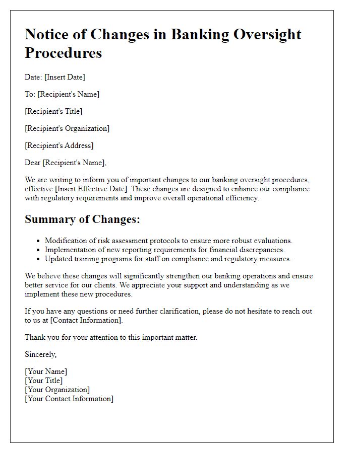 Letter template of changes in banking oversight procedures