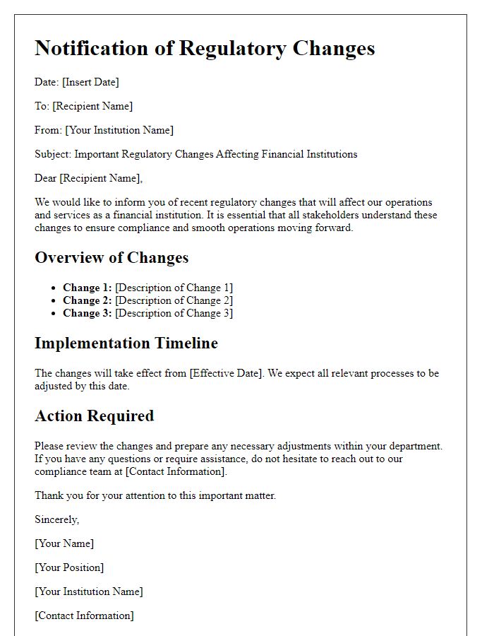 Letter template of regulatory changes in financial institutions